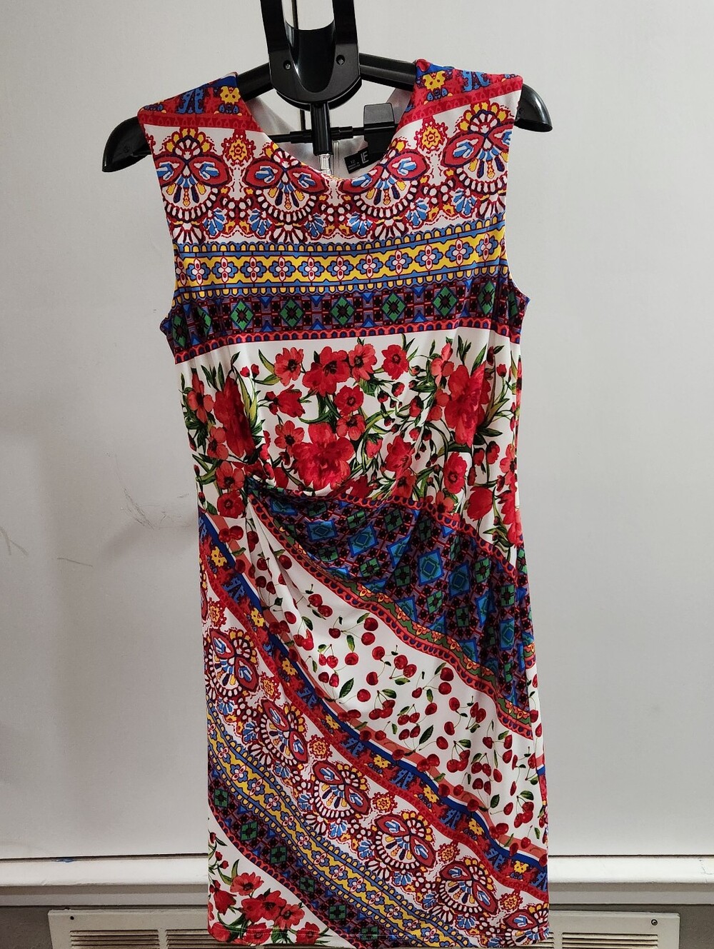 Leslie Fay Red Multicolor Floral Patchwork Midi Dress